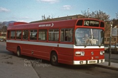 Western Welsh N2675 (KDW338P) at Abergavenny Bus Station on a Saturday afternoon working on service 142 to Brecon. The 142 had previously been operated with Leyland Tiger Cubs, or even Albion Nimbuses, so an 11.3m National would have been unnecessarily large, and unsuited to some of the narrow roads served. Undoubtedly the big windows and low, wide entrance would have seemed better from the passengers' perspective, but I am sure that a short Bristol RE would have done the job just as well, and more economically!