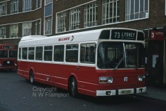Red & White ND1676 (NWO461R) was the last of R&W's 1976 NDs, indeed their last ND, as no more dual purpose Nationals were bought after 1976. Here, it is in Cardiff Bus Station, on a short working of service 73 to Lydney. 'Short' is a relative term, the journey to Lydney was around two hours, so the use of an ND would have been reasonable, and the 73 had been a single deck service for some years previously.